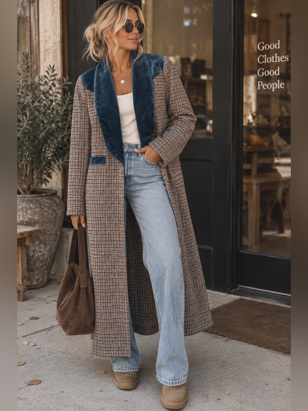 Sunday Up Plaid Velvet Trim Long Coat Women’s Medium NWT Duster Western